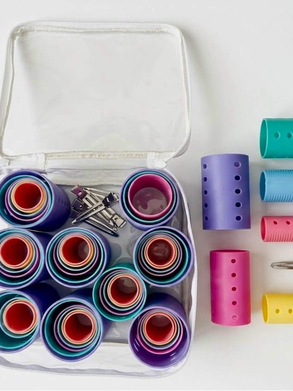 Vintage Multicolor Hair Roller Set – 54 Rollers + 19 Clips – Clear Case